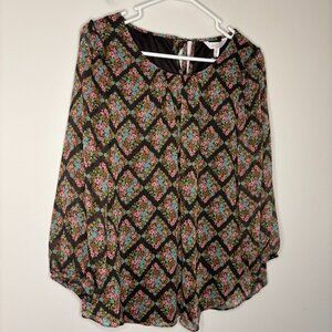 LAUREN CONRAD NEW Peasant Top Womens M Black Pink Blue Floral Keyhole Sheer